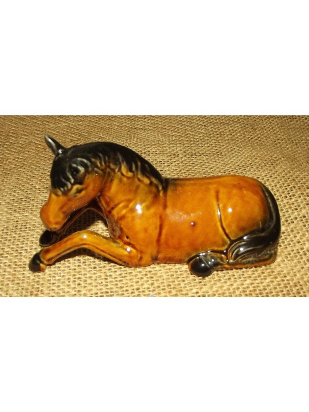 Horse Figurine Vintage Ceramic brown black mane laying down small 5"